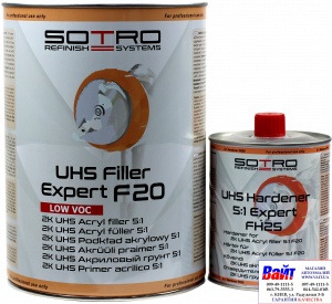 Купить T022140, SOTRO, SOTRO UHS Acryl ﬁller 5:1 Expert F20, Двокомпонентний акриловий ґрунт-наповнювач з високим вмістом сухого залишку (UHS - Ultra High Solid), 4 літри + затверджувач, сірий - Vait.ua