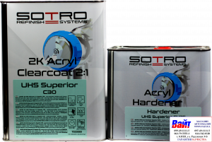 Купить T033050, SOTRO, SOTRO UHS Acryl Clearcoat Superior C30, Двокомпонентний акриловий безбарвний лак PREMIUM-класу з високим вмістом сухого залишку (UHS - Ultra High Solid), 5л. + Нормальний затверджувач (T033525) 2,5л - Vait.ua